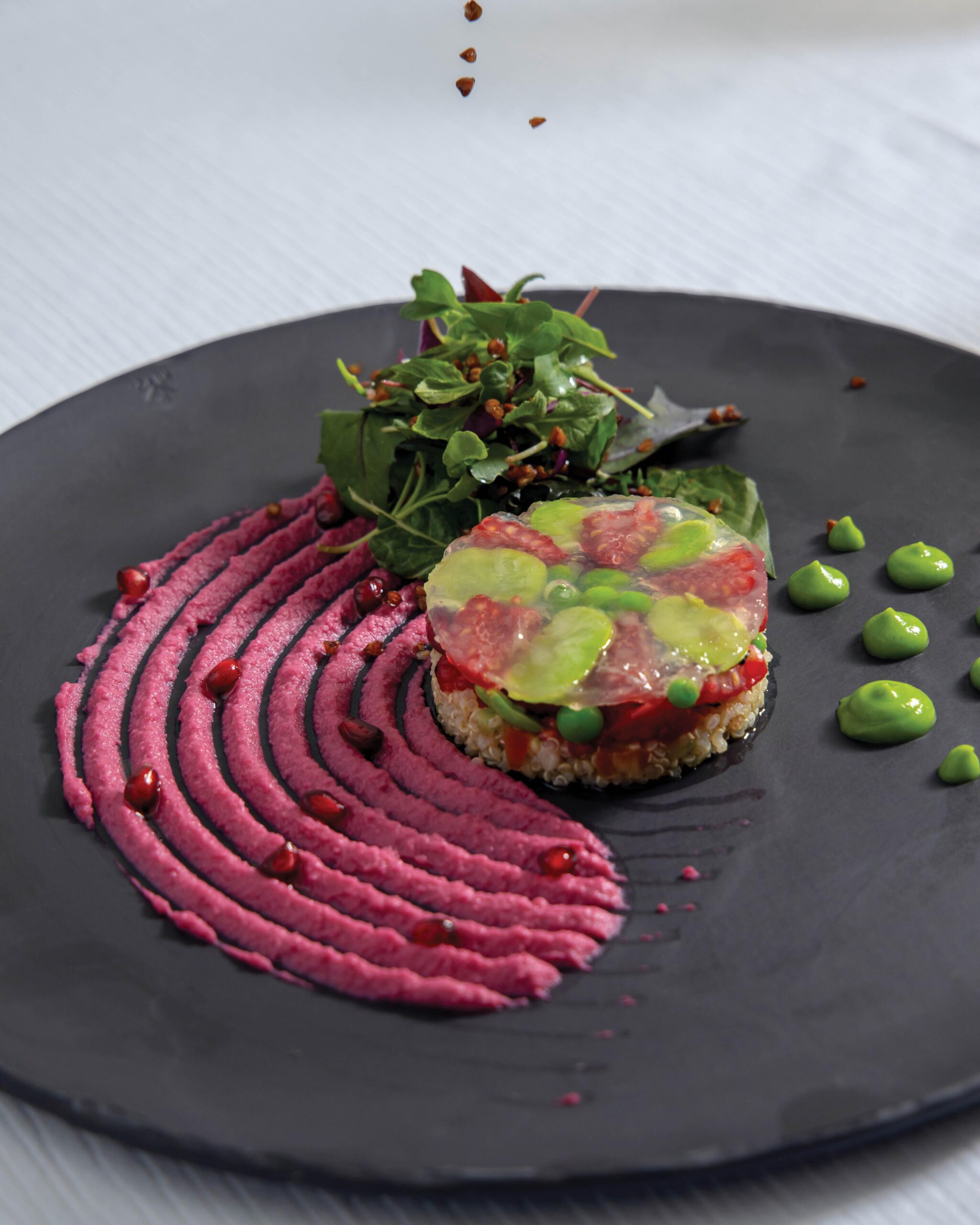 hummus rosa con quinoa y frambuesa
